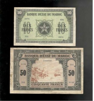 Morocco,  1943,  10 & 50 Francs,  2 Notes,  Both Crisp Vf