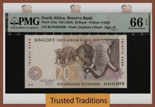 Tt Pk 124a 1993 South Africa Reserve Bank 20 Rand Elephants Pmg 66 Epq Gem Unc