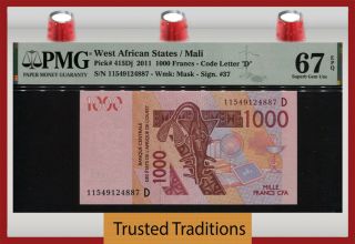 Tt Pk 415dj 2011 West African States / Mali 1000 Francs Pmg 67 Epq Gem