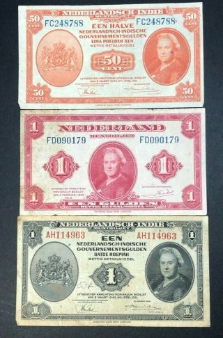 Set Of 3 1943 Netherland Indies Nederland Banknote Circulated