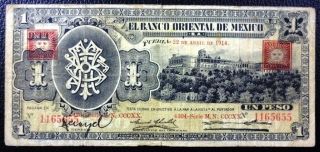 Mexico Banknote 1 Peso,  P.  S388b F,  1914 (banco Oriental De Mexico)