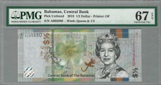 Bahamas $1/2 Dollar 50 Cents 2019,  Qeii Type,  Pmg 67 Epq Gem Unc
