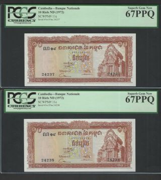 Cambodia 2 Notes 10 Riels Nd (1972) P11c Uncirculated Graded 67