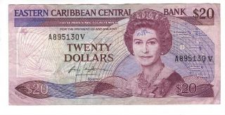 Eastern Caribbean $20 Dollars Vf,  Banknote (1987 Nd) P - 19v St.  Vincent Prefix A