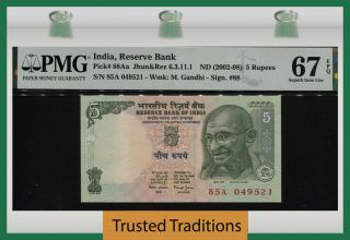 Tt Pk 88aa Nd (2002 - 08) India Reserve Bank 5 Rupees Pmg 67 Epq Gem Unc