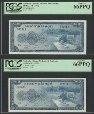 Cambodia 2 Notes 100 Riels Nd (1972) P13b Uncirculated Graded 66