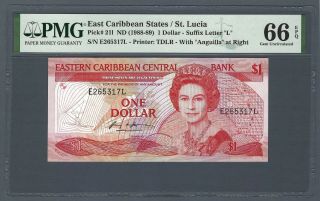 East Caribbean $1 Dollar 1988 - 89,  P - 17l " St.  Lucia ",  Pmg 66 Epq Gem Unc,  Qeii