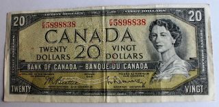 1954 Canada $20 Twenty Dollar Bill Bank Note; Fw5898838 Circulated.