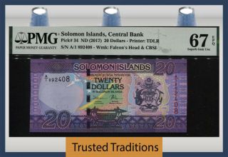 Tt Pk 34 Nd (2017) Solomon Islands Central Bank 20 Dollars Pmg 67 Epq