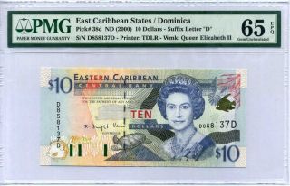 East Caribbean 10 Dollars Nd 2000 P 38 D Dominica Gem Unc Pmg 65 Epq High