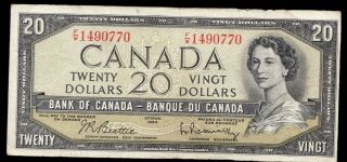 1954 Canadian Qeii $20 Bank Note In Fine - Superfleas