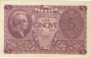 1944 5 Lire Italy Italian Currency Unc Banknote Note Money Bank Bill Cash Wwii