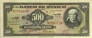 Mexico Banknote 500 Pesos 29 De Diciembre De 1972 P52q S/n Bni B7593729 M