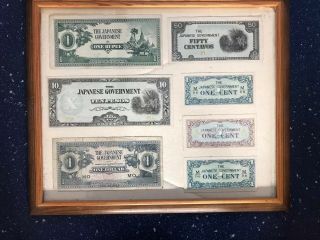 The Japanese Government Framed Ww2 Bank Notes Width 13 Height 11 Inches