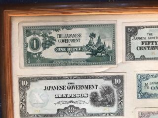 THE JAPANESE GOVERNMENT FRAMED WW2 BANK NOTES WIDTH 13 HEIGHT 11 INCHES 2