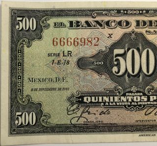 Mexico Banknote 500 Pesos 8 De Noviembre1961 Serie: Lr P51i Morelos Au See Pic
