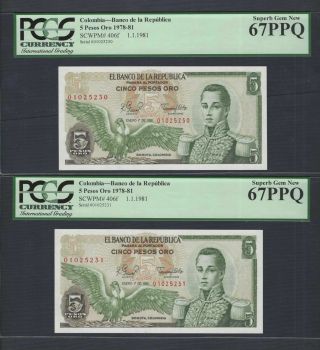 Colombia 2 Notes 5 Pesos Oro 1 - 1 - 1981 P406f Uncirculated Graded 67