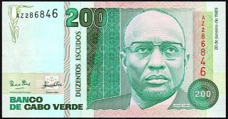 1989 Cape Verde 200 Escudos Banknote Az 286846 Unc P - 58a