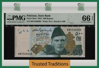 Tt Pk 49ae 2013 Pakistan State Bank 500 Rupees A.  Jinnah Pmg 66 Epq Gem Unc