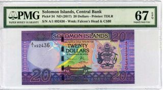 Solomon Islands 20 Dollars Nd 2017 P 34 Gem Unc Pmg 67 Epq