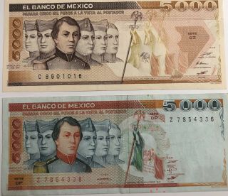 Mexico Pics 2 Set Paper Money 5,  000 Pesos Series 1987gz P88b 13 Mayo1983dp P83a