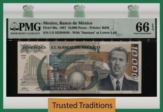 Tt Pk 90a 1987 Mexico Banco De Mexico 10000 Pesos Cardenas Pmg 66 Epq Gem Unc