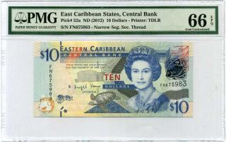 East Caribbean 10 Dollars Nd 2012 P 52 Gem Unc Pmg 66 Epq High
