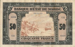 Vintage Banknote Morocco 1943 50 Francs Wwii Pick 26 E A Wright Philadelphia