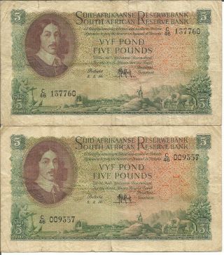 South Africa 5 Pounds 1956 P 97.  Vg - F.  One Note.  4rw 25abril