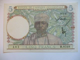 French West Africa 5 Francs 1942 Bank Note (p.  25) World War Two - Ef