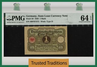 Tt Pk 58 1920 Germany State Loan Currency 1 Mark Pmg 64 Epq Century Old