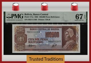 Tt Pk 171a 1984 Bolivia Banco Central 100000 Pesos Bolivianos Pmg 67 Epq