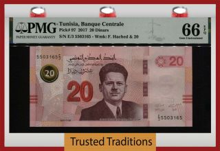 Tt Pk 97 2017 Tunisia Banque Centrale 20 Dinars F.  Hached Pmg 66 Epq Gem Unc