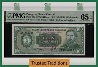 Tt Pk 205 1952 Paraguay Banco Central 100 Guaranies Pmg 65 Epq Gem Uncirculated