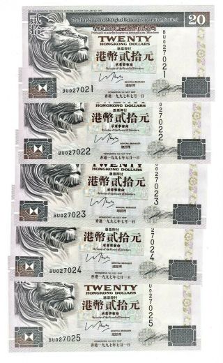 Hong Kong,  1997,  " Hk And Shanghai Bank " $20 X 5 Prefix Bu027021 - 25 Uncirculated