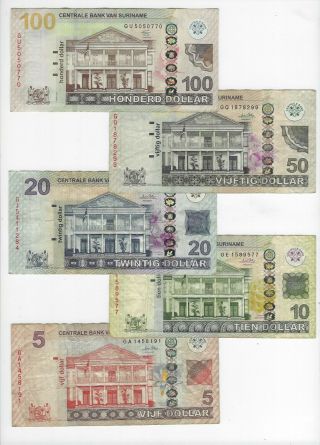 Suriname Full Set: $5 10 20 50 100 Dollars (2010 - 2012) P - 162 - 166 Vf - Axf Banknote