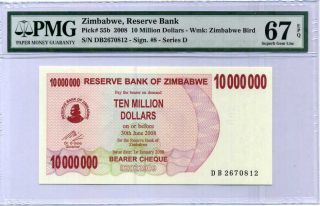 Zimbabwe 10 Million Dollars 2008 P 55 Gem Unc Pmg 67 Epq