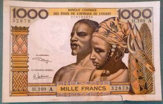 West African States 1000 1 000 Francs,  1959 - 1965 Issue,  P 103a J,  Ivory Coast