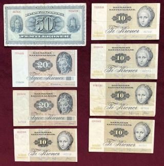 Denmark 10,  20,  50 Kroner 1936 - 84 8 Notes Very Good To Au - Unc
