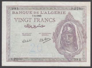 Algeria - 20 Vingt Francs Banknote - 7 - 5 - 45 Allied Occupation 1945