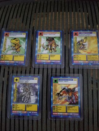 Digimon Tcg Cards.  Agumon,  Greymon,  Wargreymon (rare),  Skullgreymon,  Kimeramon.