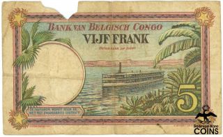 1926 (1929) Belgium Belgian Congo 5 Francs Colorful Banknote Steam Ship Scarce