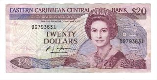 Eastern Caribbean $20 Dollars Vf,  Banknote (1988 Nd) P - 24l1 St.  Lucia Prefix D