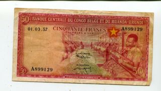 Belgian Congo Ruanda Urundi 50 Francs 1957 Vf Nr 12.  50