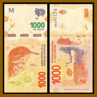 Argentina 1000 (1,  000) Pesos,  2017 P - 366 Rufous Hornero Banknote (cir)