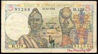 [46095] Afrique Occidentale - French West Africa 5 Francs Banknote 1953 Vf