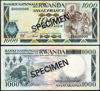 Rwanda 1000 Francs 1 - 01 - 1988,  Unc,  Specimen,  P - 21s,  - 0000000 -