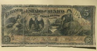 1900 $5 Five Peso El Banco Del Estado De Mexico