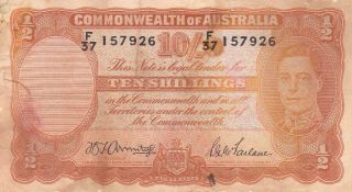 Commonwealth Bank Of Australia 10 Shillings 1939 P - 25 Vg King George Vi