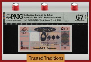Tt Pk 85b 2008 Lebanon Banque Du Liban 5000 Livres Pmg 67 Epq Gem Unc